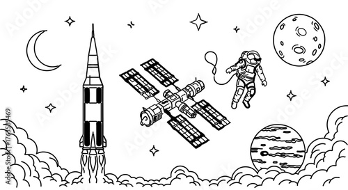 Space exploration doodle illustration, , featuring astronaut, rocket, and planets
