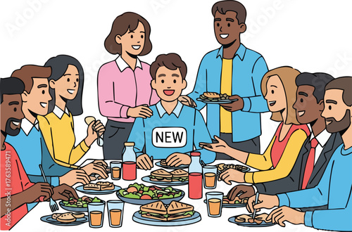 Diverse Group of Friends Welcoming a New Member at Dinner.