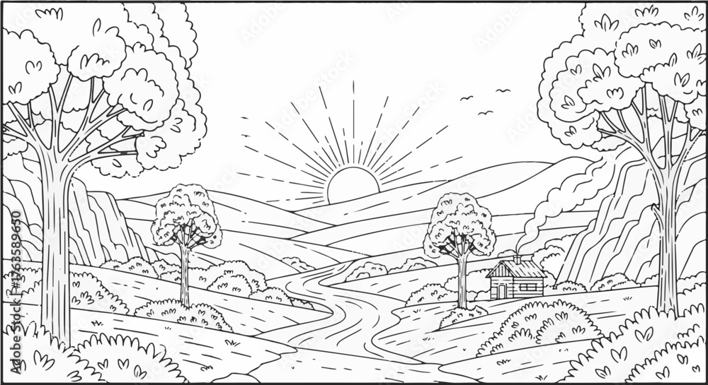 Fototapeta premium Serene landscape with sunrise over hills, trees, and a small house