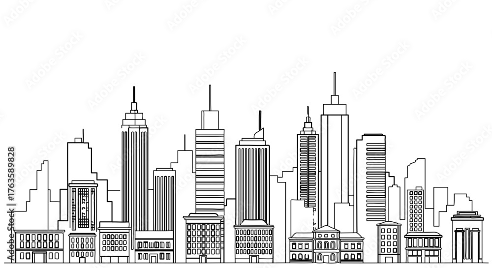 Obraz premium Detailed city skyline with various skyscrapers and buildings line art illustration