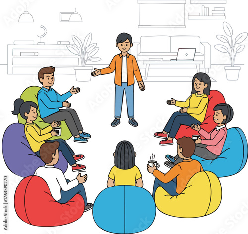 Group of diverse people sitting in beanbag chairs in a circle listening to a speaker.