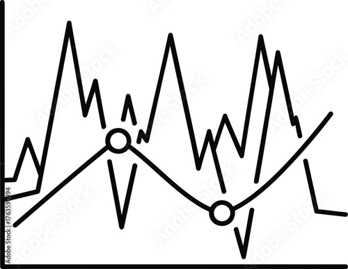 Data chart icon showing fluctuating line graph and smoother trend line intersections analysis vector illustration