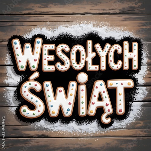 Świąteczny napis „Wesołych Świąt” z dekoracjami, kolorowe światła, przytulna i radosna atmosfera Bożego Narodzenia, idealny do banerów, kartek i grafik świątecznych.