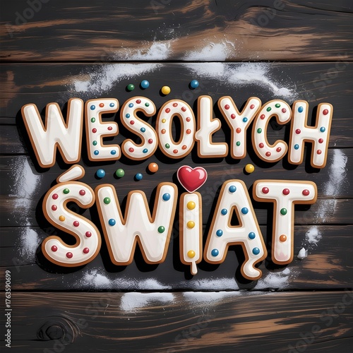 Świąteczny napis „Wesołych Świąt” z dekoracjami, kolorowe światła, przytulna i radosna atmosfera Bożego Narodzenia, idealny do banerów, kartek i grafik świątecznych.