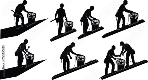 Silhouette vector illustration of workers installing and repairing rooftop ventilation units with tools, safety gear, teamwork, construction, HVAC maintenance, and industry