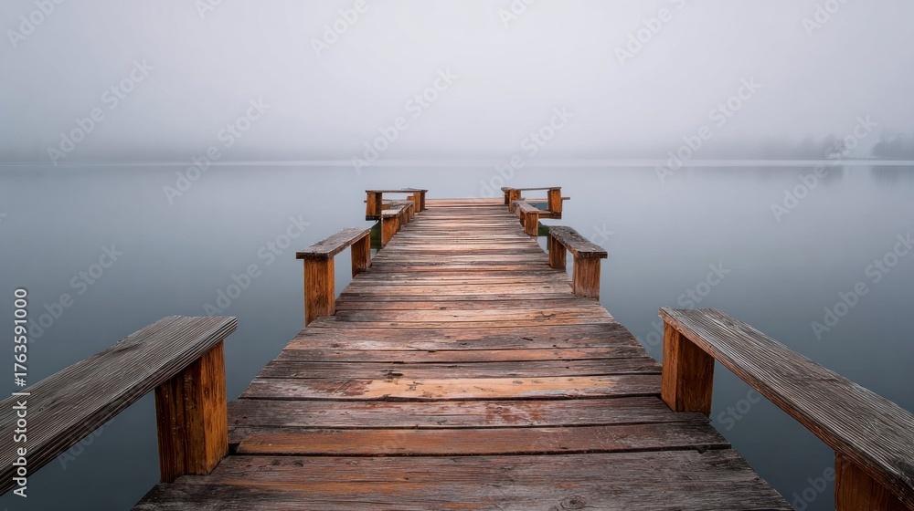 Fototapeta premium Wooden pier extending over misty lake