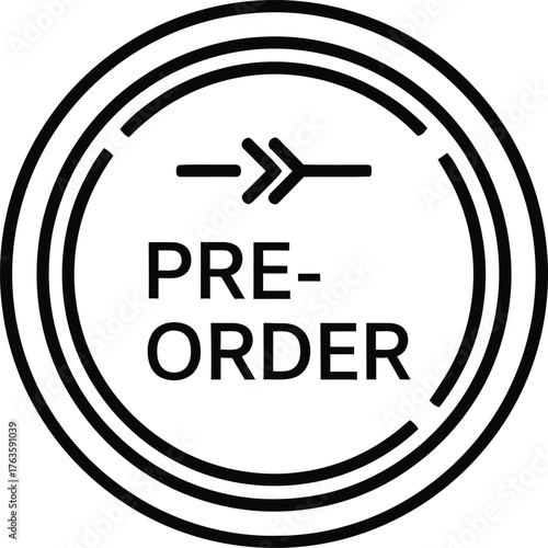 Pre-Order label vector icon with arrow symbol inside a modern dashed circle stamp monochrome black and white simple line art design