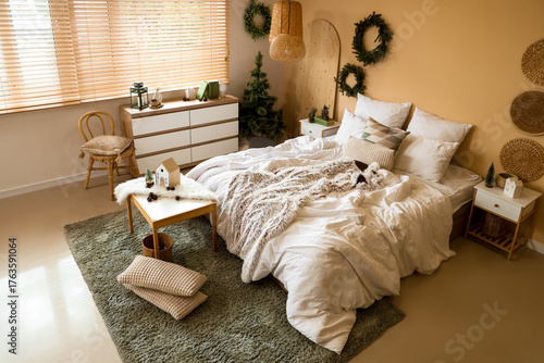 Interior of bedroom with ta...