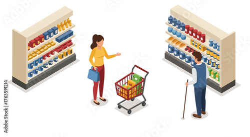 Isometric supermarket shopping scene with people browsing and conversing