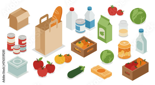 Isometric grocery essentials with fresh produce, canned goods, and beverages