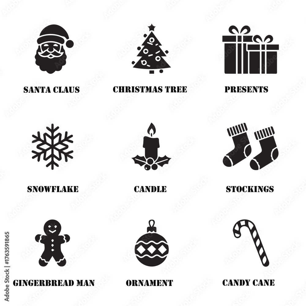 Fototapeta premium Black Vector Icons for Christmas and Holiday Celebrations.