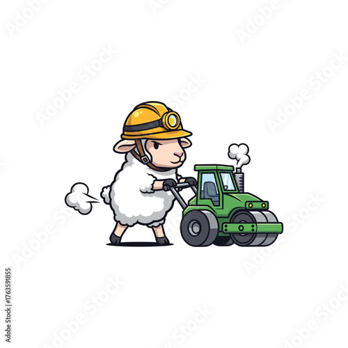 Cute cartoon sheep wearing a hard hat operating a steamroller.
