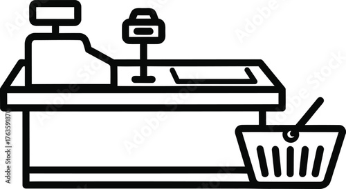 Retail Checkout Process Icon Point of Sale Cash Register and Groceries Basket Outline