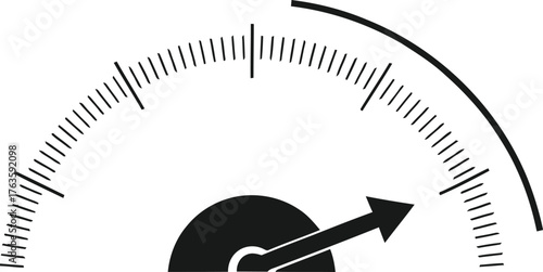 Black and white vector icon of a gauge dial with indicator showing high speed level or maximum performance measurement