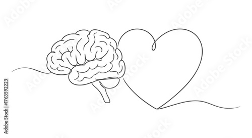 Conceptual artwork illustrating the powerful link between thought and feeling, with a brain and heart artfully rendered in one continuous line for balance