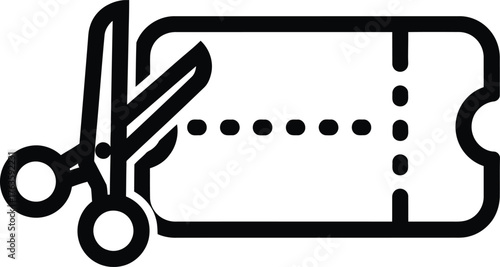 Black Outline Icon of Scissors Cutting a Coupon or Discount Ticket along a Dotted Line