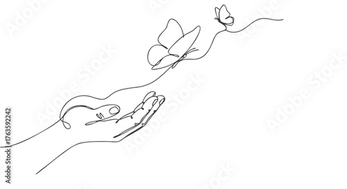 A delicate one continuous line drawing capturing the ephemeral beauty of a butterfly taking flight from an open hand