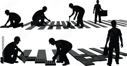 Silhouette vector illustration of workers installing modular flooring panels with tools, teamwork, alignment, construction, safety, interior design, repair, and industry