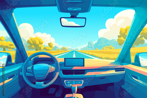 Cartoon view from a car driving along a summer road, vector illustration