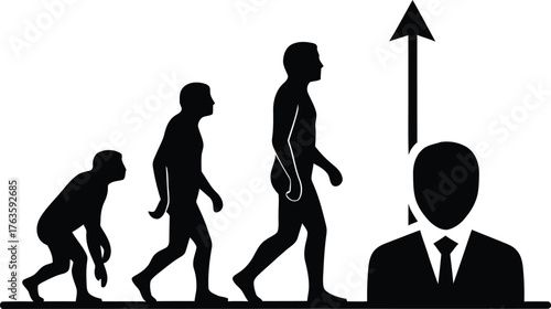 Human Evolution to Businessman Icon Showing Career Progress and Success with Upward Arrow