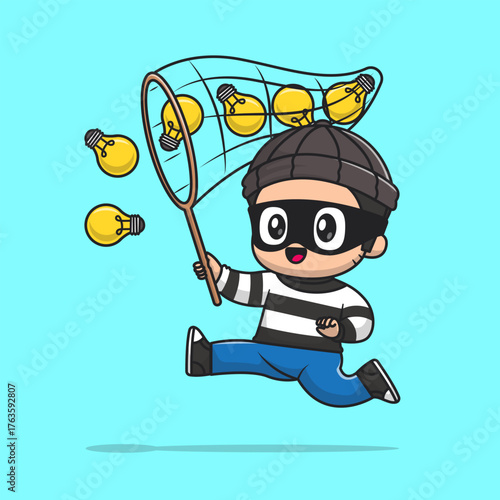 Cute Thief Stealing Idea Bulb With Fishing Net Cartoon