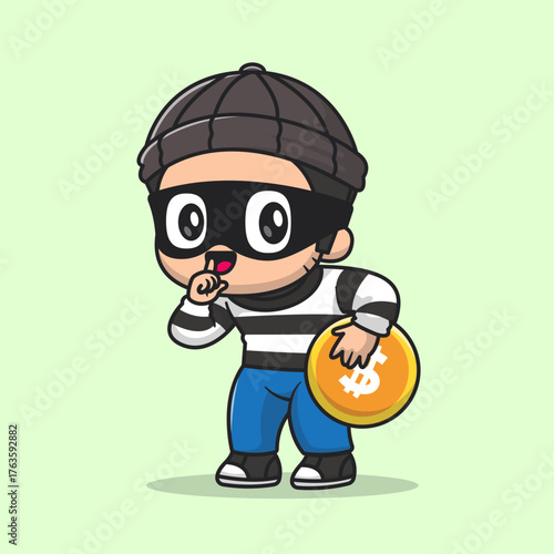 Cute Thief Stealing Gold Coin Cartoon