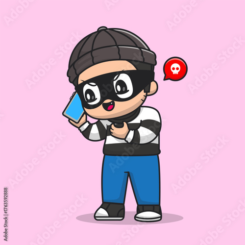 Cute Thief Calling by Phone Cartoon