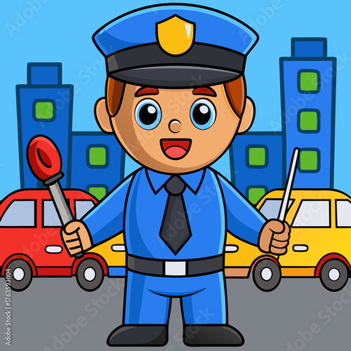 Cartoon police officer directing traffic with batons and happy expression