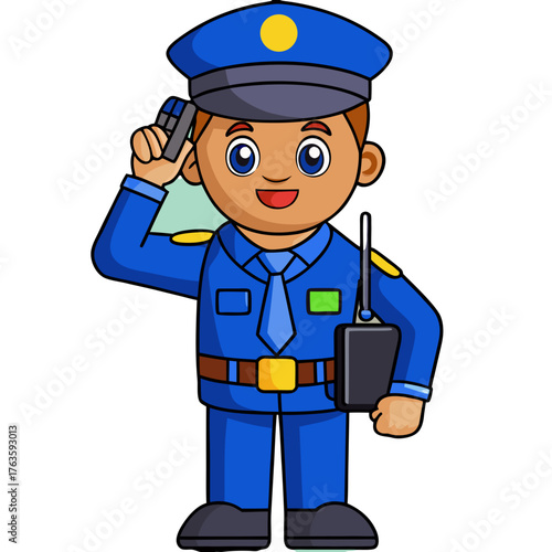 Cartoon police officer saluting and holding a radio