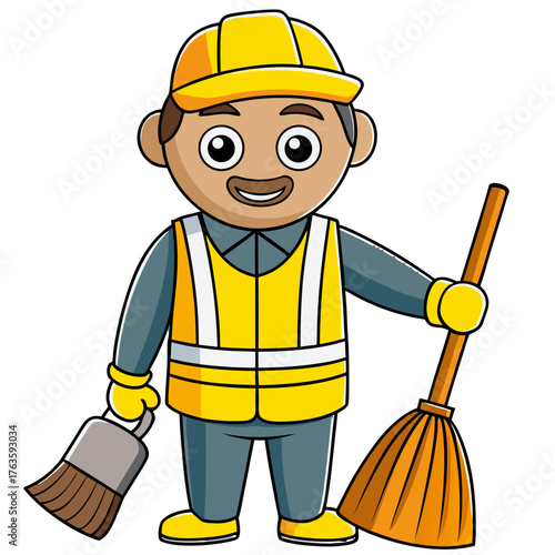 Cartoon street cleaner with broom and collection brush
