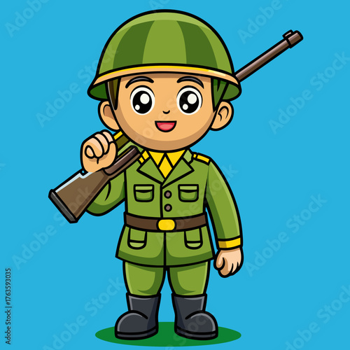 Cartoon soldier holding a rifle and smiling with cheerful expression