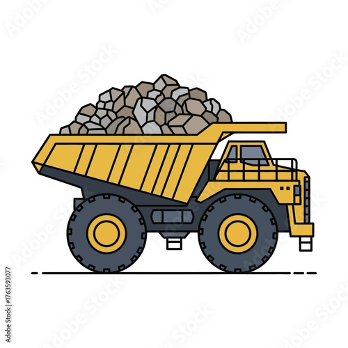 Heavy Duty Yellow Mining Dump Truck Loaded with Rocks.