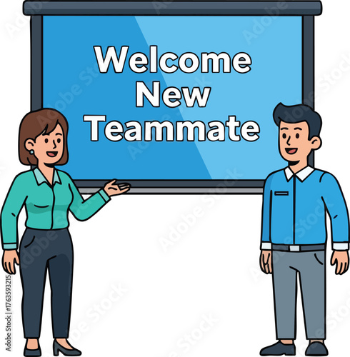 Welcoming new teammate with presentation and friendly gesture.
