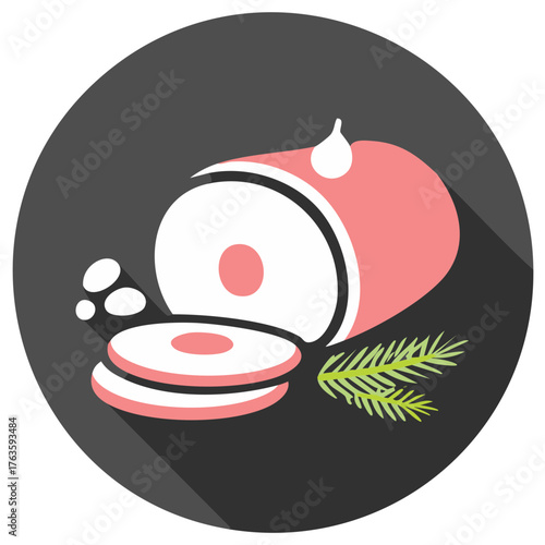 Stylized holiday ham illustration with spruce branch in dark gray circle, food icon