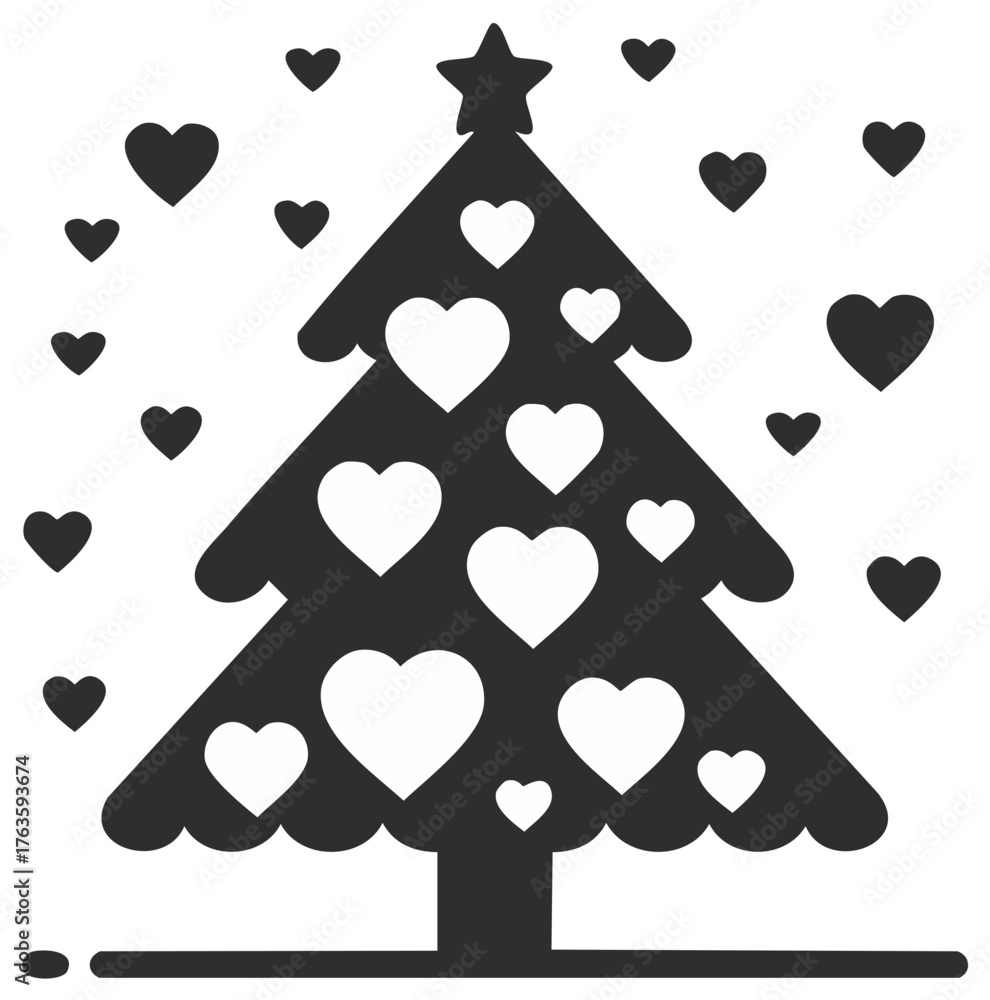 Fototapeta premium Stylized Christmas tree decorated with hearts and a star