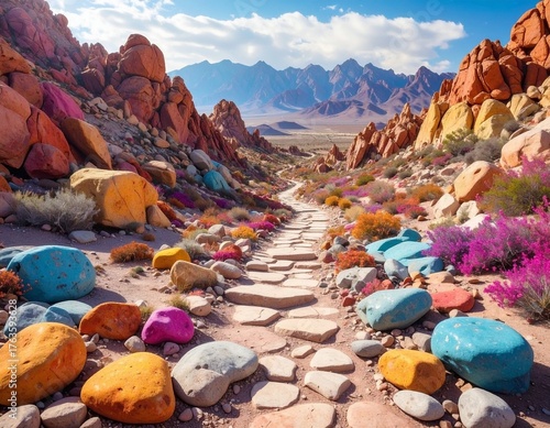 Walking path trough the mountains made from colorful rocks