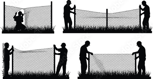 Silhouette vector illustration of workers installing wire fence with posts, stretching mesh, securing ties, teamwork, construction, repair, maintenance, agriculture, and industry