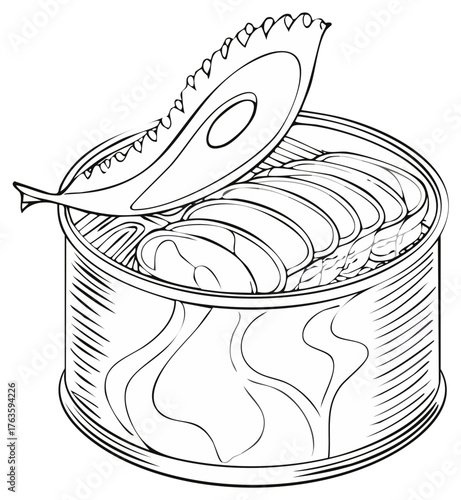Canned Fish Illustration: Sardines or Tuna in Open Metal Can - Black and White Line Art