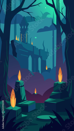 Mysterious ancient ruins in a dark enchanted forest with glowing torches