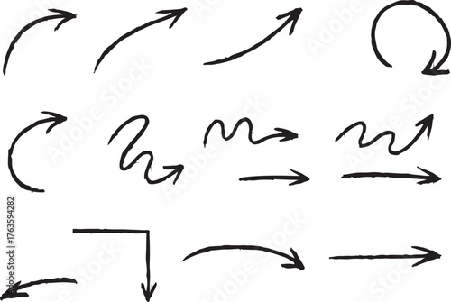 Blue pen arrow collection on checkered paper sheet. Hand drawn crayon various arrows, curved, wavy and straight lines. Direction pointers for notes, doodle and school design. Playful emphasis elements
