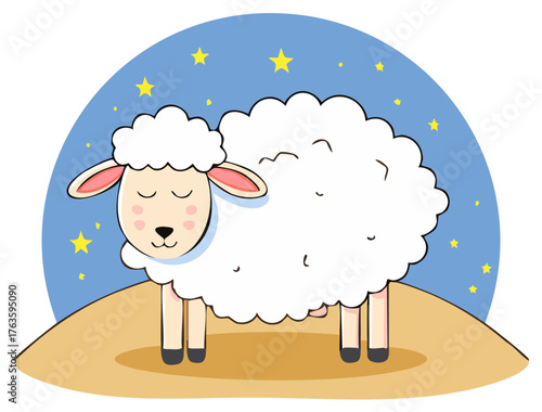 Cartoon Sheep on Hill with Starry Sky Cute Animal Sleeping Illustration