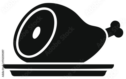 Black silhouette icon of a whole ham or roasted leg of meat on a platter serving for dinner