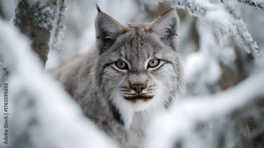 Fototapeta premium A close up portrait of a wild lynx with piercing eyes looking through snow covered branches in a cold winter forest