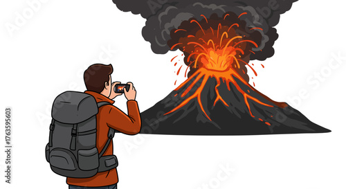 Adventurer capturing erupting volcano with backpack in colorful graphic design