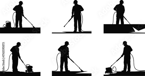 Silhouette vector illustration of workers using pressure washers for cleaning surfaces with water spray, maintenance, hygiene, labor, repair, service, and industry