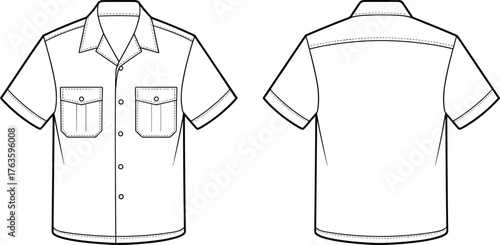 Short sleeve button up shirt technical drawing, front and back view, fashion flat sketch, apparel design, vector garment illustration