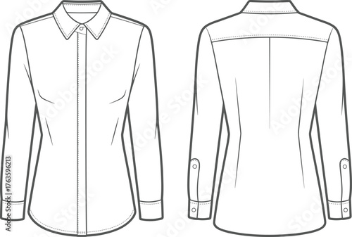 Women's button-up shirt, technical fashion flat, front and back view, pointed collar, princess seams, long sleeve, garment construction sketch