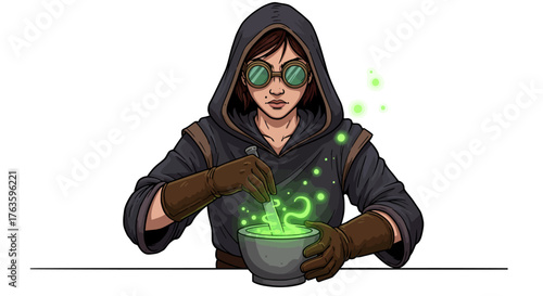 Alchemist in hooded cloak mixing potion with glowing green mist