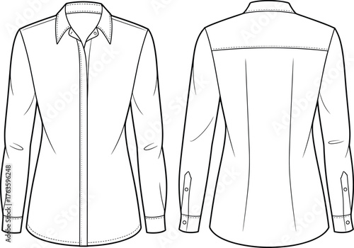 Women's button-up shirt, technical fashion flat, front and back view, pointed collar, long sleeve, tailored seams, garment construction sketch