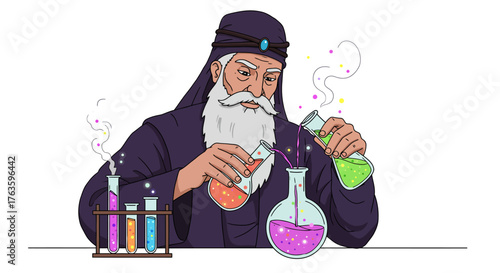 Medieval alchemist crafting potions in a laboratory setting with colorful flasks